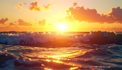 Radiant Golden Sunset over the Ocean with Sparkling Waves and Cloudy Sky Reflecting Warm Sunlight in Horizontal Format