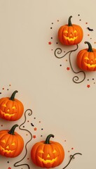 Halloween pumpkins, leaves and decorations on a light background with space for text in the center.
