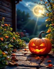 luminous halloween jack o lantern pumpkin on the right under morning radiance, with clear copy space on the left.