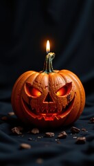 Scary Halloween jack-o-lantern pumpkin on a dark silk background.