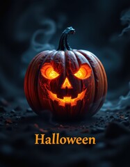 A glowing Halloween jack-o-lantern glows in the dark, amidst a faint haze on a darkened area.