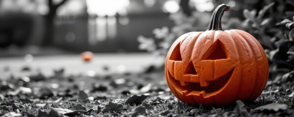 jack o lantern pumpkin outdoors, eerie vibe, retro monochrome style.