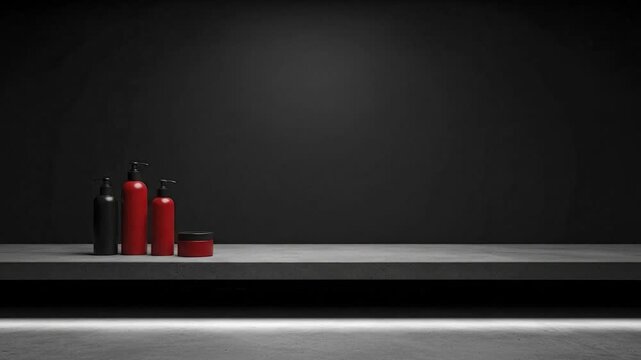 A stylish set of red and black cosmetic dispenser bottles and a cream jar sits on a modern concrete shelf. The minimalist composition, set against a dark textured background, creates a luxurious and p