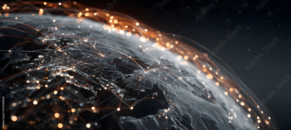 Poster interconnected communication lines on a globe symbolizing global reach instant online connections