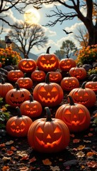 Jack-o-lanterns under the bright sunlight, a spooky Halloween decoration.