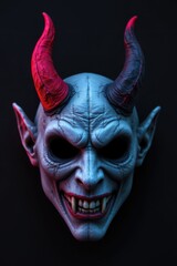 Obraz premium Rendering of a demon mask with blue skin and red horns on a black background.