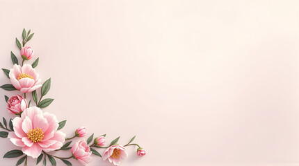 Fototapeta premium Floral Corner Arrangement with Pink Flowers and Green Leaves