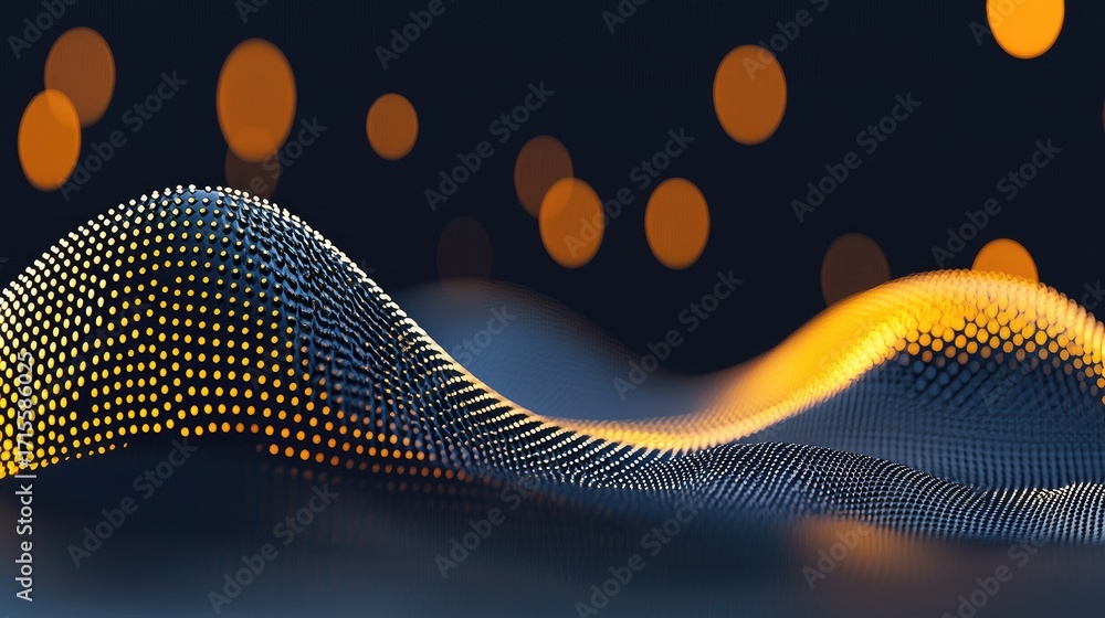 Poster abstract digital wave of glowing points on a dark background.