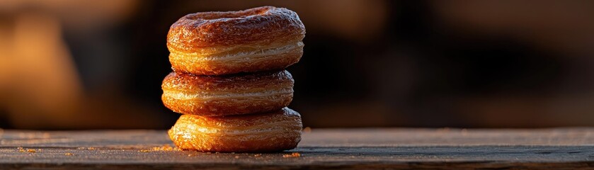Stacked donuts on a wooden surface.