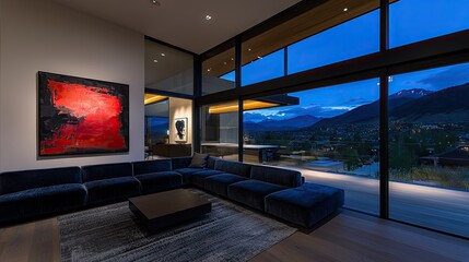 A modern living room with expansive mountain views at twilight.