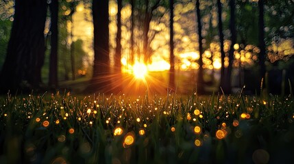 Dew-kissed grass bathed in golden sunlight filtering through the forest at sunrise.