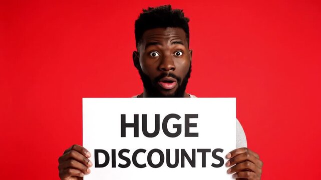 Man with wide eyes excitedly reveals huge discounts, promoting sales and savings