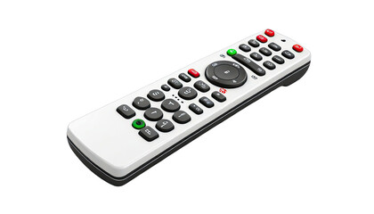 Flat, rectangular, white remote control with black accents.  Numerous buttons