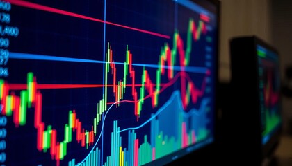Close-up of computer screen showing forex charts and trading indicators, economy, trading