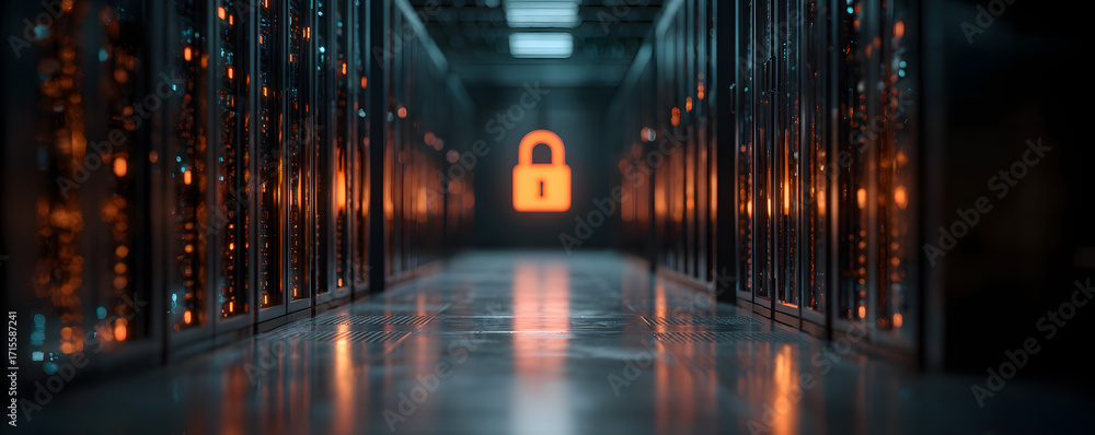 Poster a secure server room with digital lock overlay, highlighting cybersecurity and data protection. the 