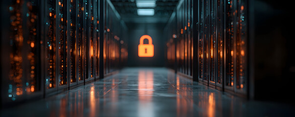A secure server room with digital lock overlay, highlighting cybersecurity and data protection. The glowing servers emphasize technology and safety