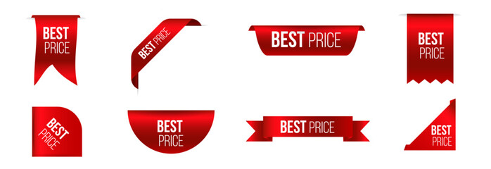Red gradient tag banner label ribbon vector price bookmark note background discount, best offer and more. Exclusive red tag sticker.	