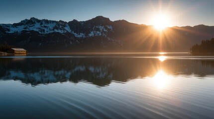 Obraz premium Tranquil Dawn at Lake: Capturing the first light of day over serene water and majestic mountain, as sun rays pierce the sky above. A peaceful, breathtaking moment.