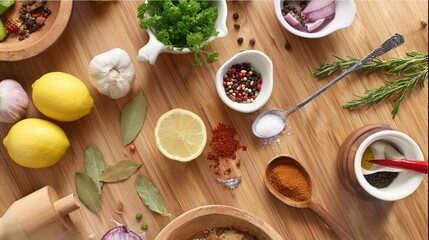 preparation. Artistic arrangement of fresh ingredients on a wooden surface, captured with diffused natural light. menu design.