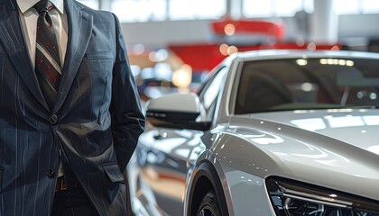 A businessman stands confidently in a car showroom, showcasing a sleek, silver vehicle in the background.