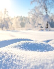 Sparkling snowdrifts blanket a winter landscape, showcasing a serene and frosty scene.