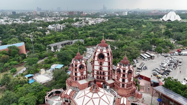 Aerial Drone shot of Iskon Temple  in New Delhi India International Society for Krishna Consciousness Hare Krishna Gaudiya Vaishnava 