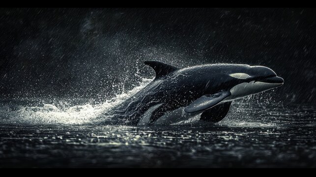 Orca whale breaching ocean dark stormy water - Powered by Adobe