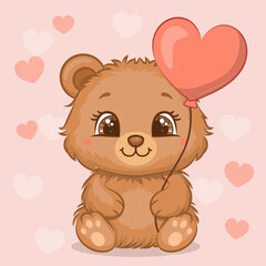 Cute cartoon Brown Bear with heart shaped balloon. Kawaii Vector illustration of an animal on a pink background with hearts.