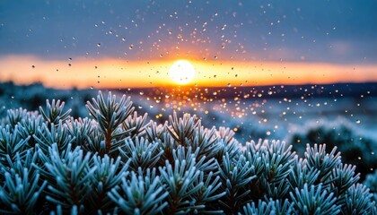Sunrise over frosty pine needles nature landscape winter scene warm glow peaceful environment