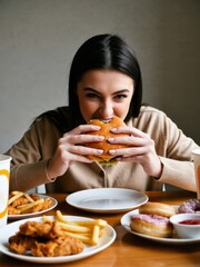 Indulging in fast food young woman enjoying burger with fries and donuts indoor setting lifestyle shot