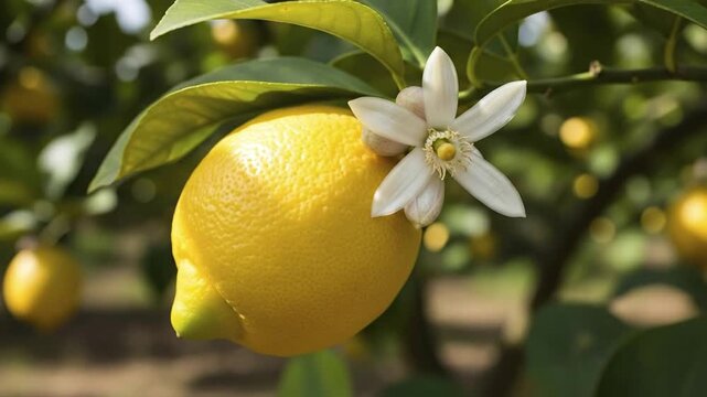 A vibrant close-up of a ripe yellow lemon hanging on a tree branch, adorned with a delicate white blossom. The sun illuminates the textured peel of the fruit and the fresh green leaves, creating a bea