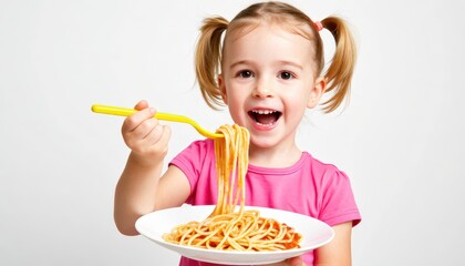 Child enjoying spaghetti home kitchen food photography bright environment close-up view joyful eating