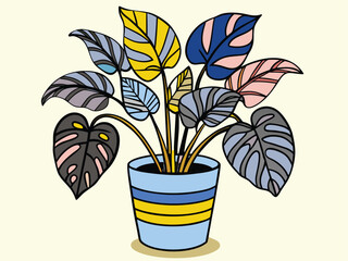 Potted plant with colorful striped leaves blue pot yellow stripes