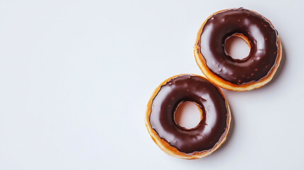 Minimalist composition with two chocolate donuts spaced apart evenly on a seamless white background, light reflecting from the glossy glaze,