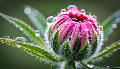 Macro photography of dew-covered pink flower bud in nature capturing freshness and beauty close-up perspective