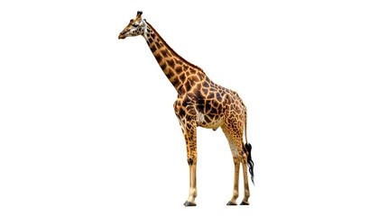 Naklejka premium A full shot of a giraffe, presented against a pure white background, showcasing its distinctive spotted coat and elegant form.