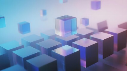 Obraz premium Abstract arrangement of glowing cubes in a futuristic digital space with soft blue and purple lighting
