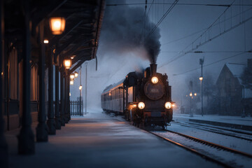 Winter train journey festive christmas festival in snowy landscape evening scene historical steam locomotive at station