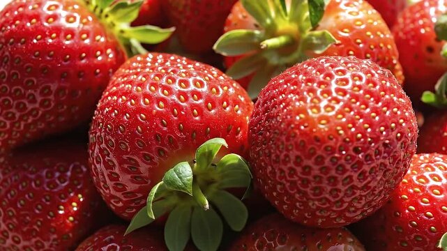 A vibrant macro close-up of fresh, ripe strawberries piled together. Their glossy red skin glistens under bright, natural light, highlighting the intricate texture of the seeds and the fresh green ste