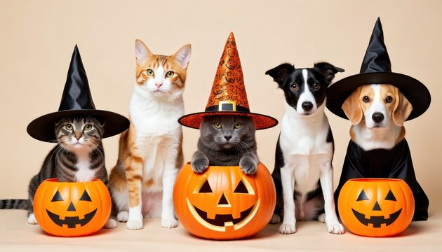 Halloween-themed costumed pets indoor setting photo festive environment front view fun concept for pet lovers