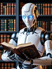 Robot reading an ancient book in a library futuristic technology concept in a modern environment