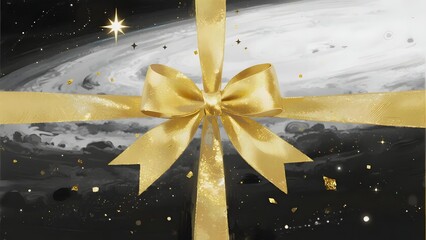 Golden ribbon bow on a cosmic background with stars and galaxy