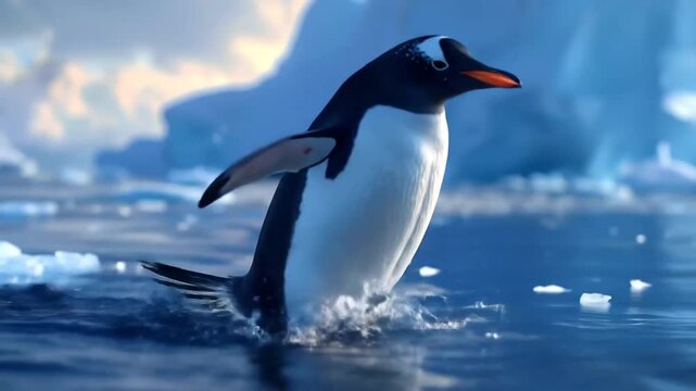 Penguin Waddling Through Antarctic Waters with Icebergs
