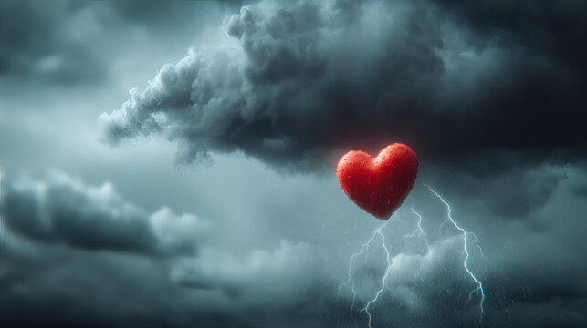 Small red heart beneath a dark thundercloud, rain and lightning swirling around it. Surreal metaphor with a moody atmosphere and a subtle vignette