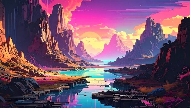 Vibrant digital landscape of a surreal valley