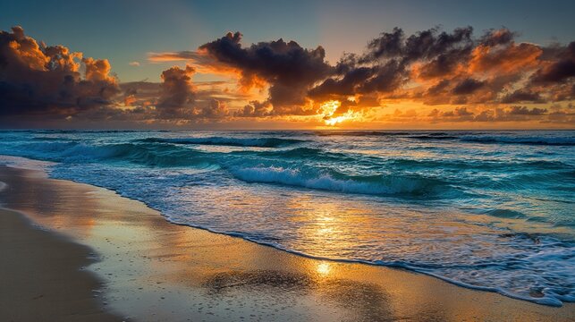 sand. A breathtaking tropical beach sunset with vibrant clouds and golden reflections on the wet sand. inspiring travel planning, travel magazines, designed for outdoor magazines and nature guides.