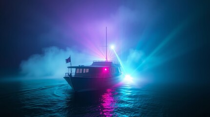 Obraz premium Mysterious Boat in Colorful Fog: A captivating night scene of a boat enveloped in a mystical fog, illuminated by vibrant colored lights, creating an aura of mystery and adventure.