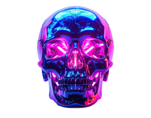 Metallic skull, vibrant neon glow