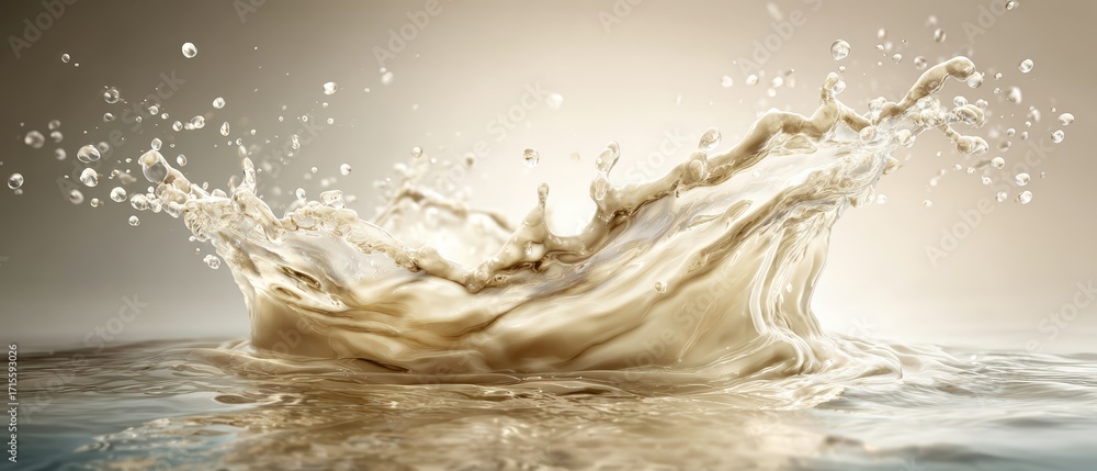 Poster a dynamic water splash with numerous droplets creates a crown-like shape, illuminated by soft, warm 