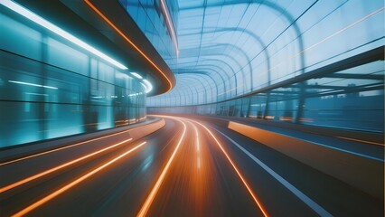 Modern illuminated tunnel with glowing light trails from moving vehicles